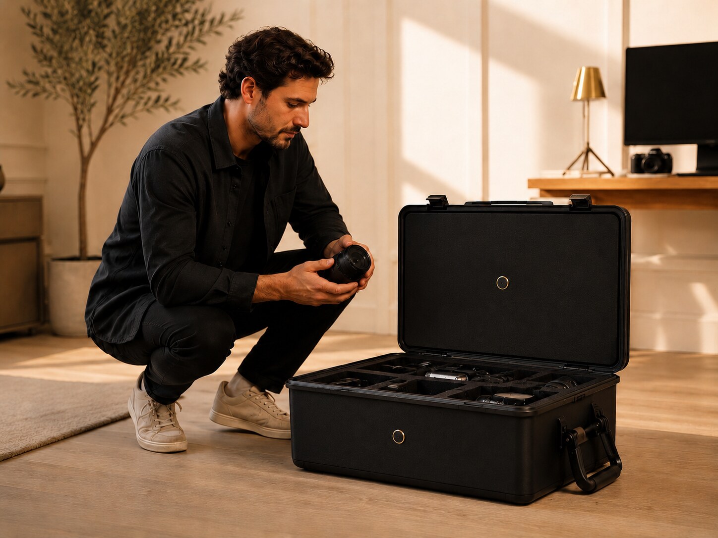 Premium equipment case with small centered integrated lens