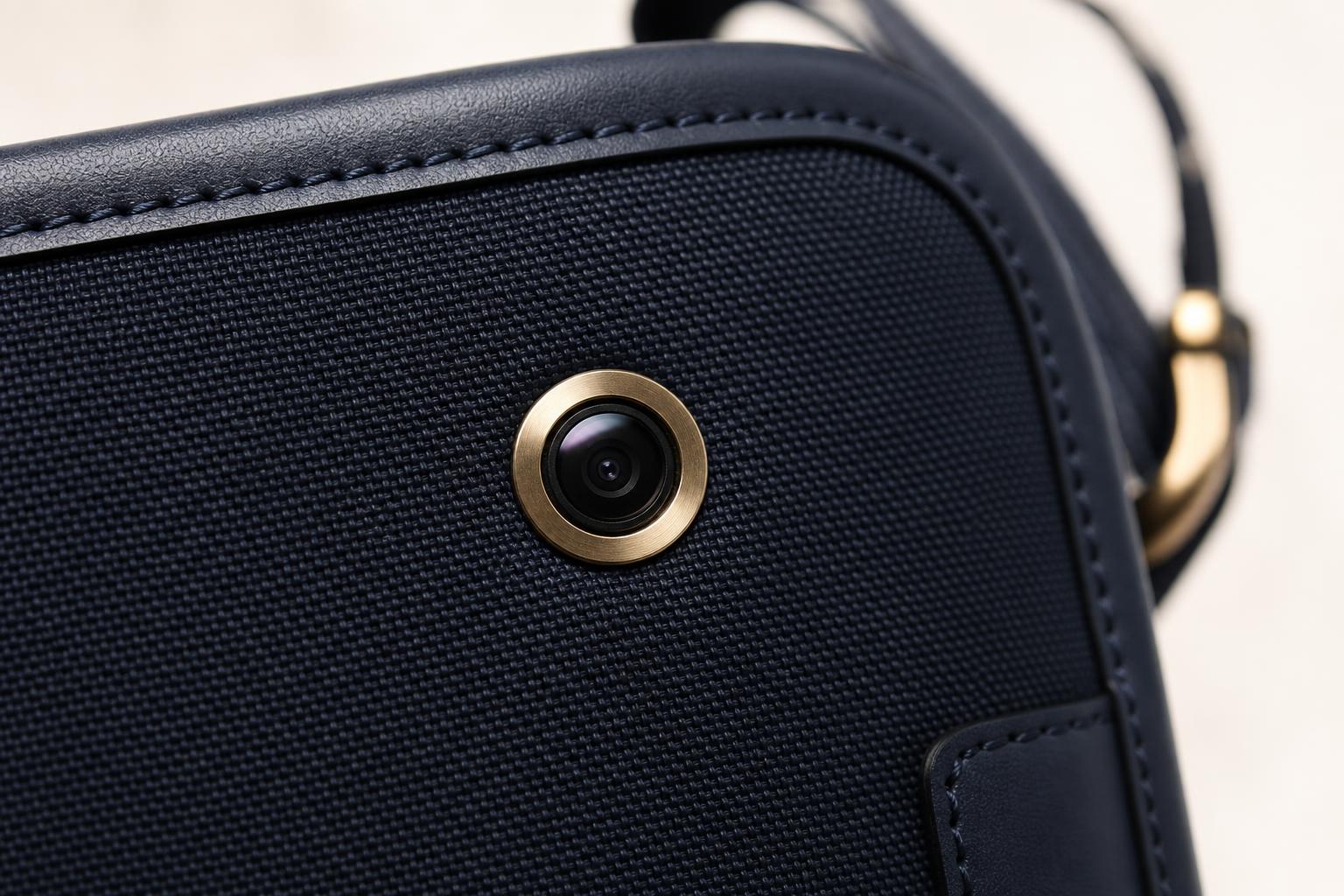 Close-up of the small, centered, flush-integrated BagCam lens