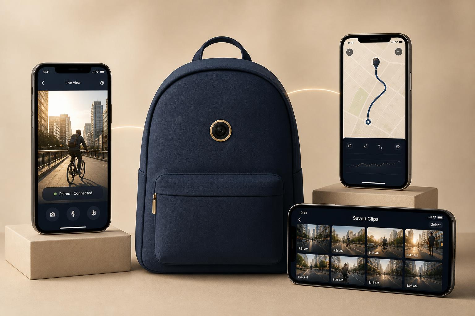 BagCam connected system: integrated lens with phones showing Live View, GPS, and Saved Clips